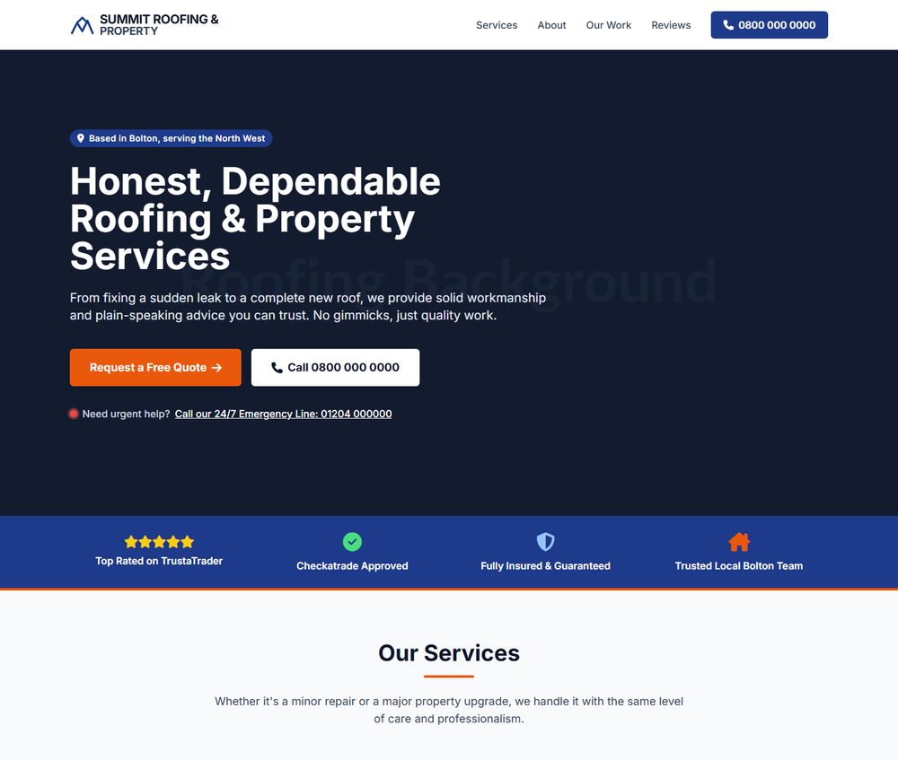 Example website mockup for a roofing business